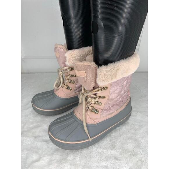 London Fog Girls Size 4 Insulated Winter Duck Boots Pink & Gray Faux Fur Lining - Picture 1 of 8